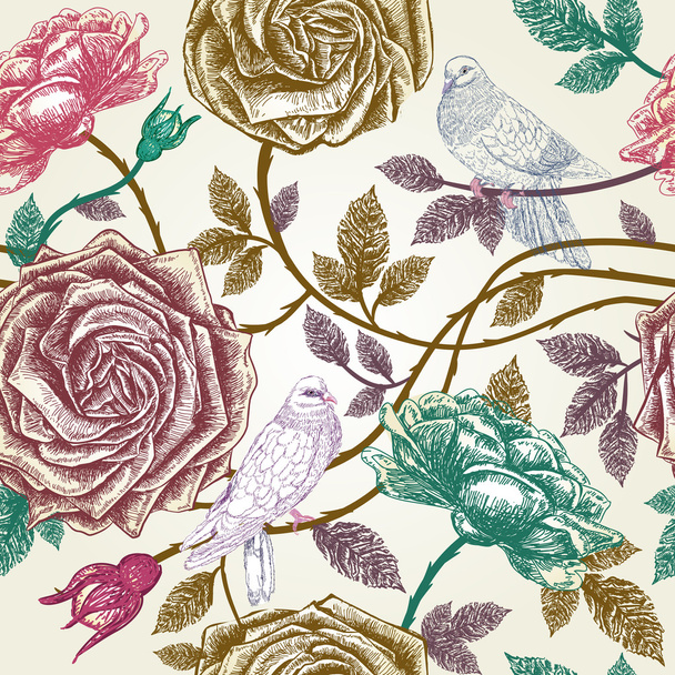 Vintage roses seamless pattern with birds. - Vettoriali, immagini