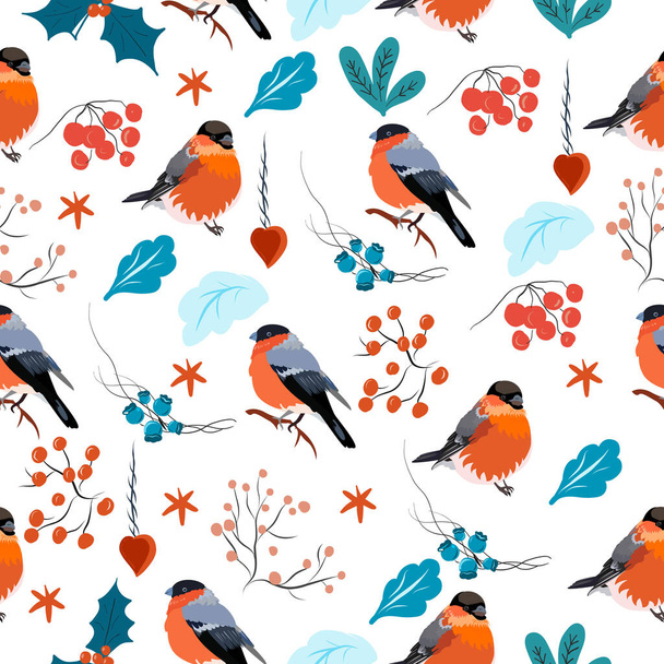 Seamless pattern with bright bullfinches and berry twigs and leaves - Vecteur, image