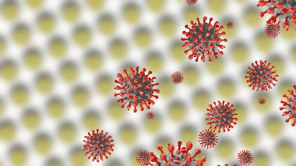 Obraz komórki wirusa grypy COVID-19. Coronavirus Covid 19 ognisko grypy tle. Pandemia może zagrozić zdrowiu. Koncepcja ilustracji 3D. - Zdjęcie, obraz