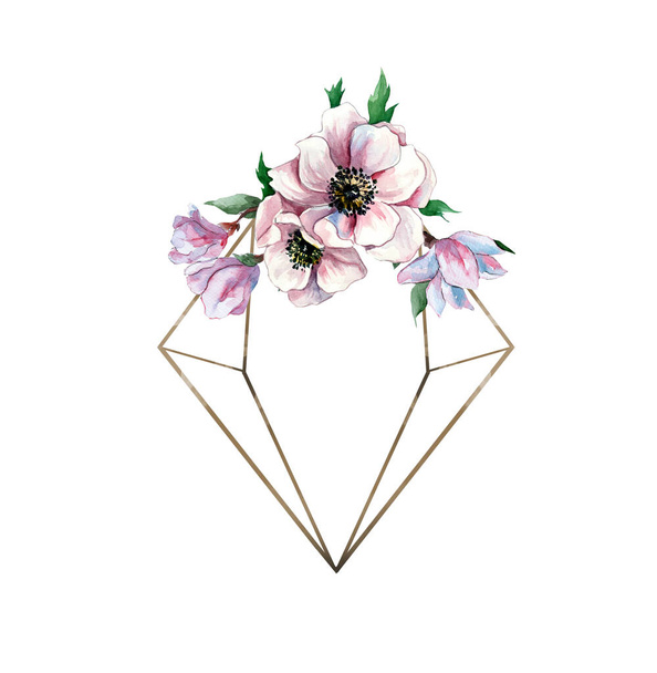 Illustrazione ad acquerello con magnolie rosa e anemoni. Fiori primaverili. Telaio per decorazione. Spazio libero per il testo - Foto, immagini