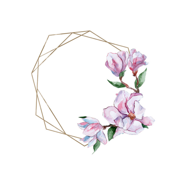 Illustrazione ad acquerello con magnolie e foglie rosa. Fiori primaverili. Telaio per decorazione. Spazio libero per il testo - Foto, immagini