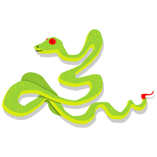 緑のヘビの漫画のキャラクター。白を基調としたベクトルイラスト。フラットスタイルで危険で毒性のある自然野生動物. - ベクター画像