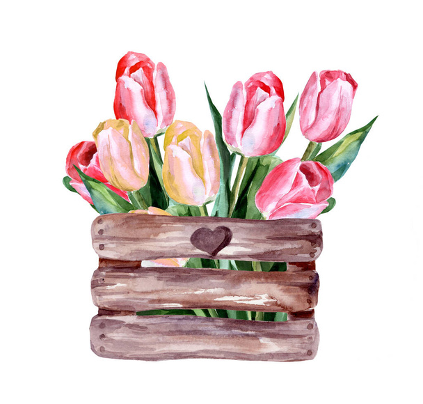 Watercolor illustration of pink tulips in a wooden box. Spring flowers. Gift for a girl on March 8. Romance - Φωτογραφία, εικόνα
