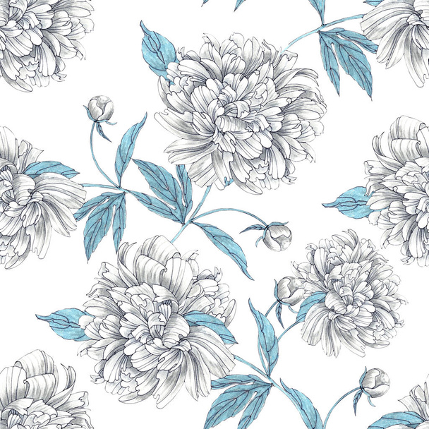 Flowers peony with leaves draw with pencils and ink. Composition for wallpapers. Seamless pattern on white background. - Foto, Imagen