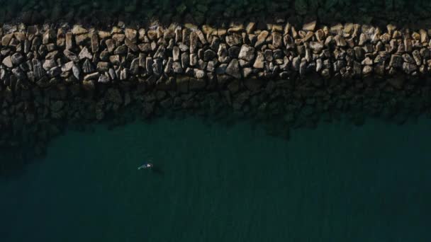 Kunstmatige golfbreker in zee. Vrouw zwemt met flippers - Video