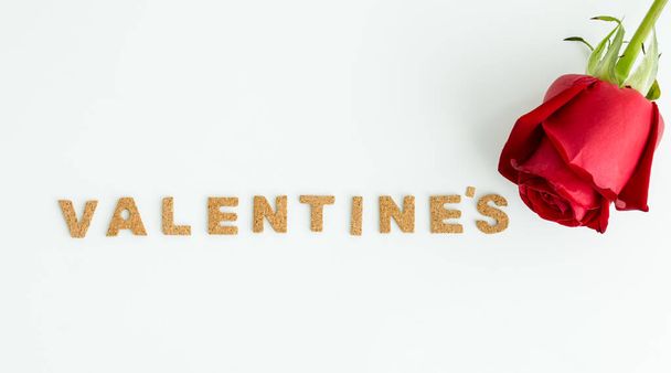 valentine's word with red rose on white background, Happy valentine's day concept - Photo, Image