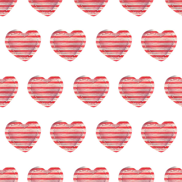 Seamless watercolor pattern with red hearts and white stripes for valentine's day decor, fabric - Photo, Image