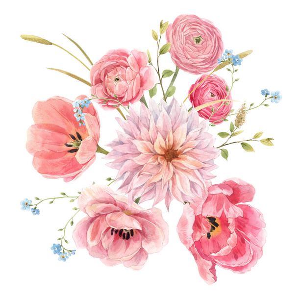 Beautiful floral composition with watercolor gentle red summer flowers. Stock bouquet illustration. - Zdjęcie, obraz