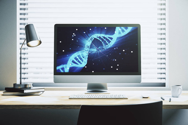 Creative light DNA illustration on modern computer monitor, science and biology concept. 3D Rendering - Φωτογραφία, εικόνα