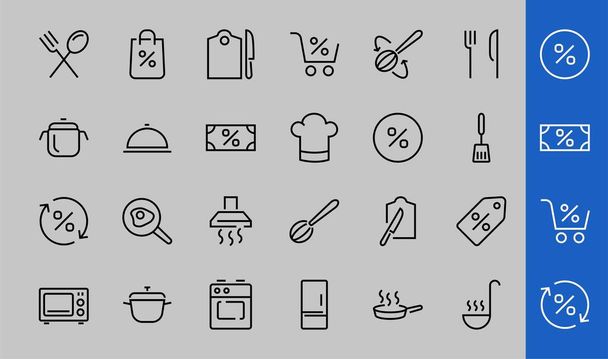 Set van koken en keuken iconen, Vector lijnen, bevat pictogrammen zoals koekenpan, frituren, magnetron, vork met lepel, bewerkbare slag, perfecte 480x480 pixels, witte achtergrond - Vector, afbeelding