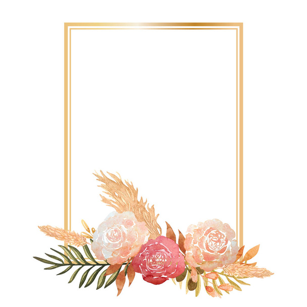 Rectangular gold frame with watercolor floral arrangement in boho style on white background. Card with roses, palm leaves and pampas grass is suitable for wedding invitations, cards. - Photo, Image