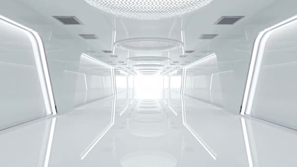 Uzay gemisi ya da bilim laboratuarı animasyonsuz döngü. Bilimkurgu koridoru beyaz renk, 3B görüntüleme. - Video, Çekim