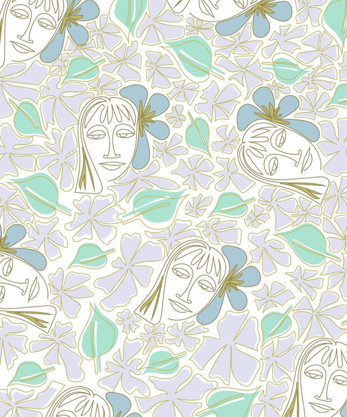 A woman's face, leaves and flowers in an avant-garde style. Vertical texture. The background is white. There is room for text. Vector illustration. - Διάνυσμα, εικόνα