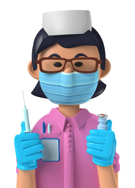 Cartoon character 3d avatar Asian female nurse with vaccination syringe isolated on white - Photo, Image