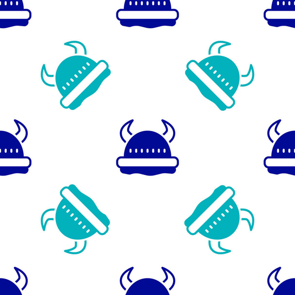 Azul Viking em chifres capacete ícone isolado padrão sem costura no fundo branco. Vetor. - Vetor, Imagem