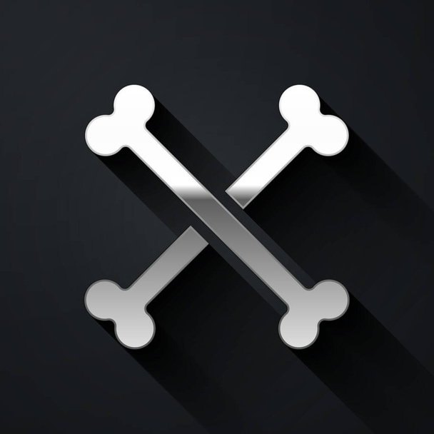 Silver Crossed human bones icon isolated on black background. Long shadow style. Vector. - Vector, imagen