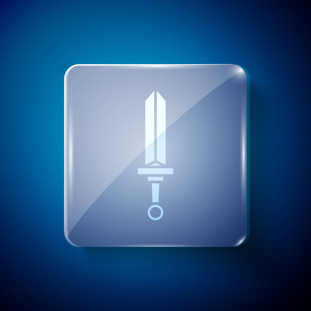 White Medieval sword icon isolated on blue background. Medieval weapon. Square glass panels. Vector. - Vector, Image