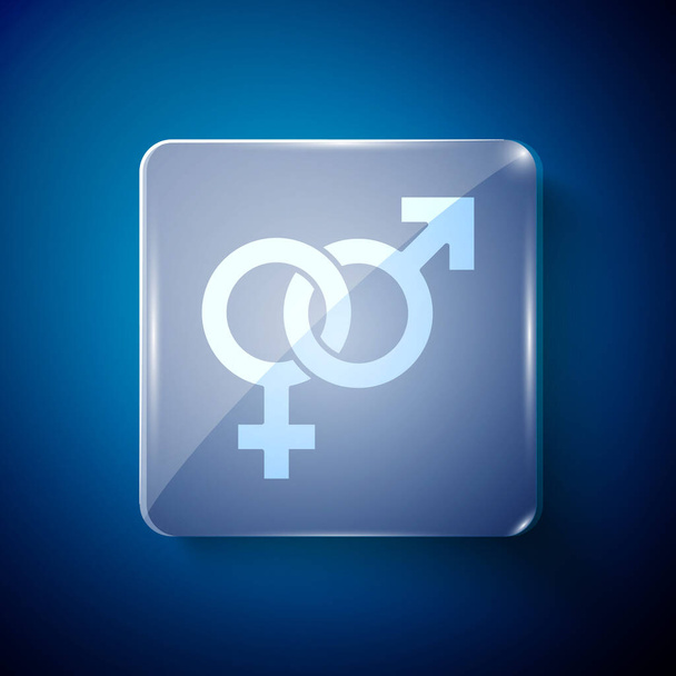 白の性別アイコンは青の背景に孤立しています。男性と女性のシンボル。セックスシンボル。正方形のガラスパネル。ベクトル. - ベクター画像