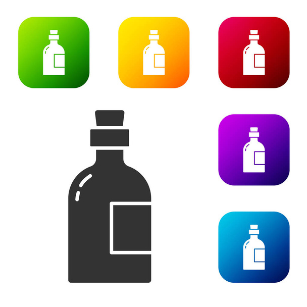 Czarny napój alkoholowy Rum butelka ikona izolowane na białym tle. Zestaw ikon w kolorach kwadratowych przycisków. Wektor. - Wektor, obraz