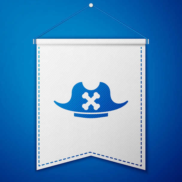 Chapeau pirate bleu icône isolée sur fond bleu. Modèle de fanion blanc. Vecteur. - Vecteur, image