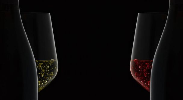 Detailní záběr láhve a sklenice s bílým vínem na černém pozadí. - Fotografie, Obrázek