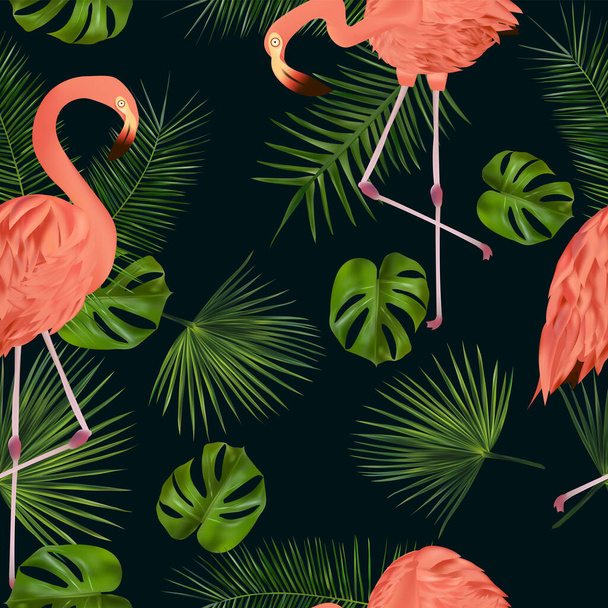Padrão sem costura com folha tropical e flamingo rosa para o seu design, papéis de parede, têxtil sobre fundo escuro. Ilustração vetorial. - Vetor, Imagem