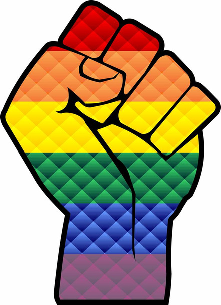 Pugno di protesta gay con bandiera arcobaleno all'interno Illustrazione, bandiera tridimensionale orgoglio - Vettoriali, immagini