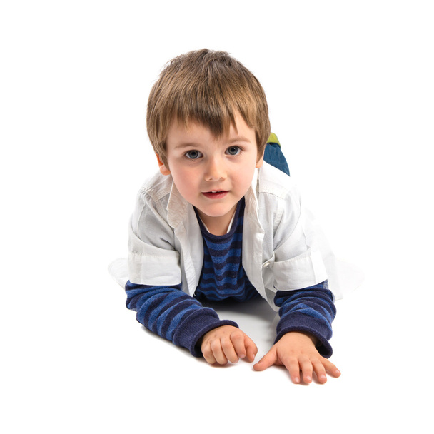 Boy pointing to the front over white background  - Photo, Image
