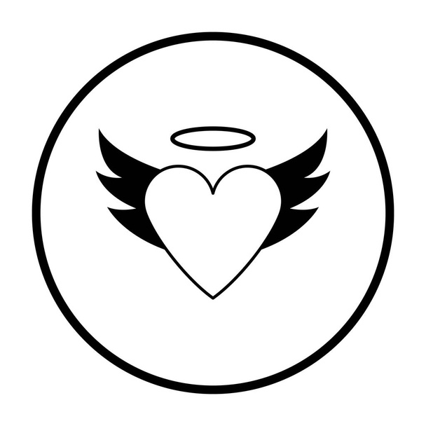 Corazón de San Valentín con alas y halo icono. Diseño de Plantilla de Círculo Delgado. Ilustración vectorial. - Vector, imagen