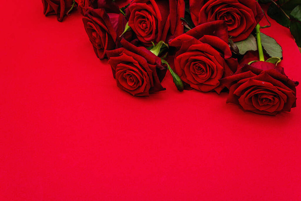 Friss burgundi rózsa csokor matt vörös habos háttérrel. Illatos vörös virágok, ajándék koncepció Valentin-napra, esküvő vagy születésnap, másolás hely - Fotó, kép