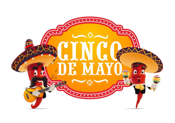 Cinco de Mayo διανυσματικό εικονίδιο. Mariachi jalapenos μουσικοί σε μεξικάνικο σομπρέρο παίζοντας κιθάρα και μαράκες. Οι χαρακτήρες κινουμένων σχεδίων παίζουν μουσική. Cinco de Mayo γιορτή απομονωμένη ετικέτα με κόκκινες πιπεριές τσίλι - Διάνυσμα, εικόνα