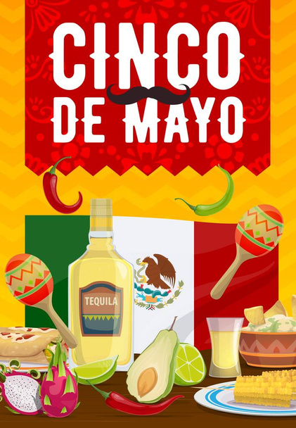 Cinco de Mayo poster vettoriale, enchiladas alimentari messicani tradizionali, nachos con guacamole, mais. Tequila, lime, peperoncino e drago con avocado, bandiera. Cartoni animati pasti messicani, festa di festa - Vettoriali, immagini