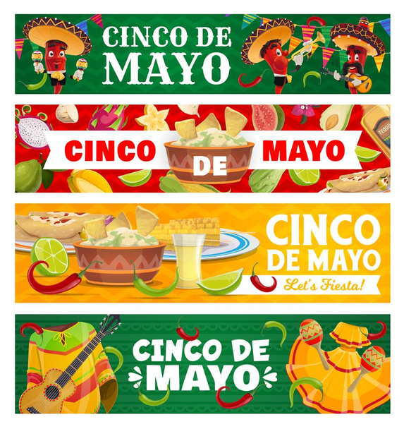 Cinco de Mayo wektor papryka jalapeno chili w sombrero odtwarzanie muzyki. Meksykańskie jedzenie guacamole i nachos, kukurydza, enchiladas, tequila z limonką, strój narodowy. Festiwal Cinco, zestaw banerów fiesta party - Wektor, obraz