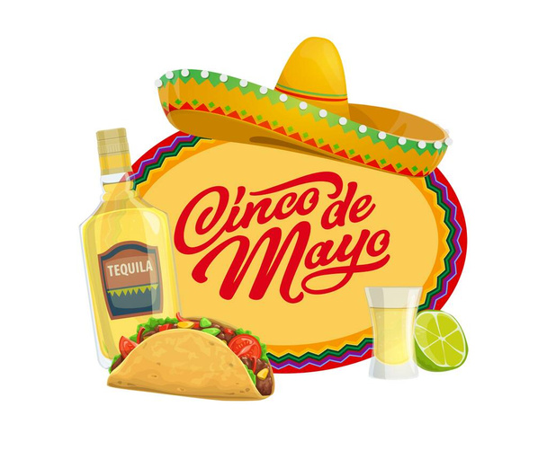 Cinco de Mayo wektor ikona z tradycyjnymi meksykańskimi symbolami sombrero kapelusz, tequila z wapna i szkła strzał i tacos. Typografia i zygzakowa ozdoba. Cartoon Cinco de Mayo izolowane owalne etykiety lub odznaki - Wektor, obraz