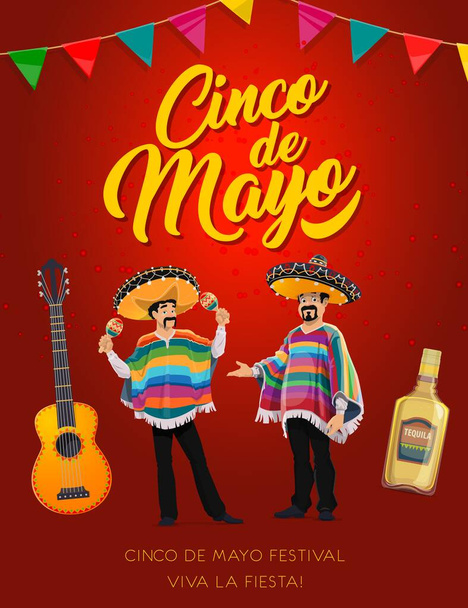 Cinco de Mayo mariachi postavy vektorové mexické sváteční fiesta party. Mexičtí hudebníci se sombrero klobouky, maracas, kytara a tequila láhve přání na uvítanou se slavnostní vlajkovou girlandou - Vektor, obrázek
