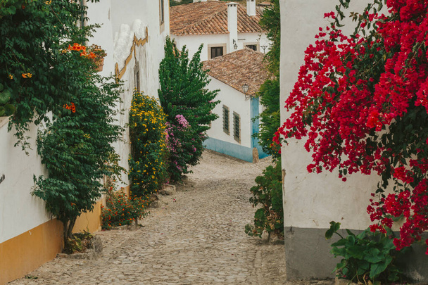 OBIDOS, PORTUGAL - 08-09-2020: Souvenirläden und bunte Gassen der mittelalterlichen portugiesischen Stadt Obidos, einer Touristenattraktion in Zentralportugal. Berühmtes Ziel für seine Architektur - Foto, Bild