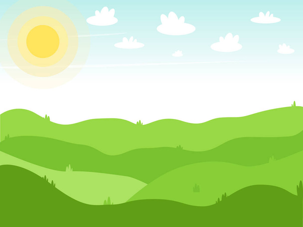 Jasne tło wiosenny lub letni krajobraz. Chmury przebiegają nad zielonym trawnikiem, a słońce świeci jasno. Ilustracja wektora. Mieszkanie. - Wektor, obraz