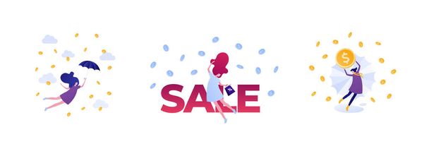 Shopping sale concept. Vector flat people illustration set. Collection of happy female with shopper and umbrella dancing in money rain. Design element for marketing and advertisment. - Vector, Image