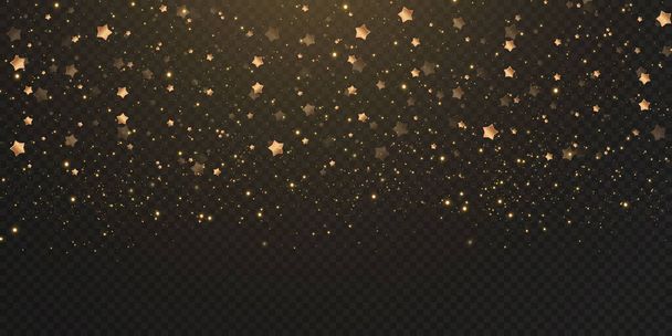 Vánoční zlato konfety hvězdy padají, Zářící hvězdy létají po noční obloze uprostřed odlesku světelné body vesmíru.Dovolená vektorové pozadí. magický lesk. - Vektor, obrázek