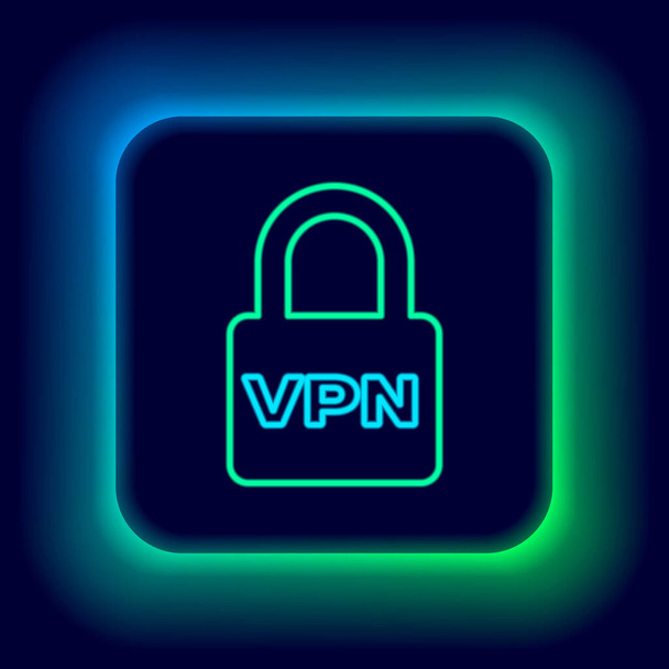 Linea neon luminosa Blocca l'icona VPN isolata su sfondo nero. Concetto di contorno colorato. Vettore - Vettoriali, immagini