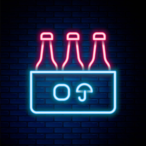 Linha de néon brilhante Pacote de garrafas de cerveja ícone isolado no fundo da parede de tijolo. Caixa caixa de cerveja caixa sinal. Conceito de esboço colorido. Vetor - Vetor, Imagem