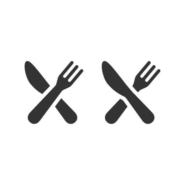 Mes en vork gekruist zwarte vector pictogram. Keuken, eten en restaurant symbool. - Vector, afbeelding