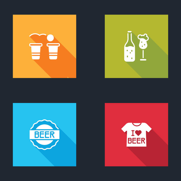 Set Beer pong game, bottle and glass, Bottle cap with beer and T-shirt icon. Vector - Vector, Image