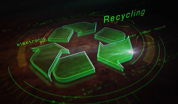 Símbolo de reciclaje, medio ambiente, ecología, reducir los residuos electrónicos, la tecnología verde y el icono de la industria. Símbolo abstracto concepto 3d representación ilustración. - Foto, Imagen