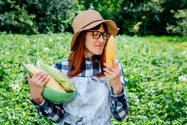 Портрет красивої жінки-фермера, що тримає кукурудзяні цицьки в тарілці, посміхається в камері в солом'яному капелюсі і оточений великою кількістю рослин в її овочевому саду
. - Фото, зображення