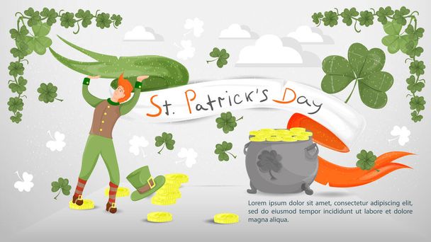 Litteä kuviomerkki mallien koristeluun, Pyhän Patrickin päivän loman teemalla, Irlannin lippua pitävä kaveri menninkäispuvussa - Vektori, kuva