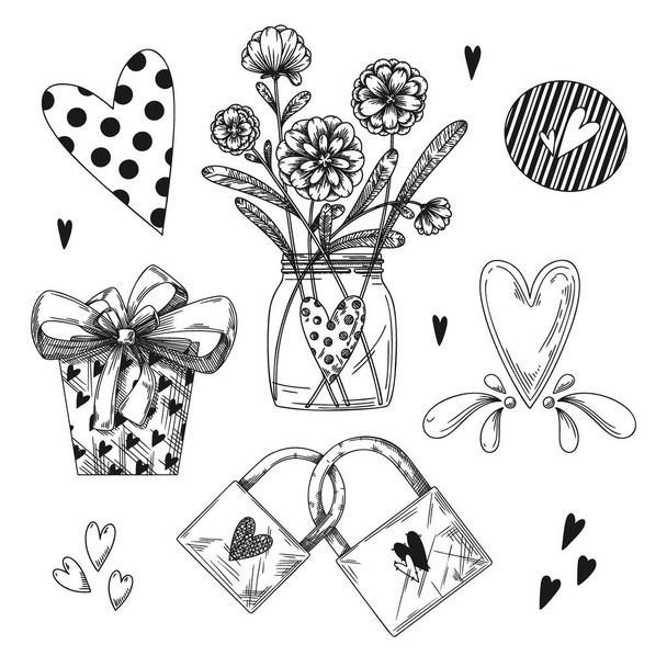 Set of romantic hand drawn elements. Different hearts, flowers and other different elements. Hand-drawn sketch vector illustration. - Wektor, obraz