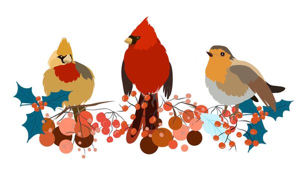 Three forest birds on a branch with berries sitting - Vector, Image
