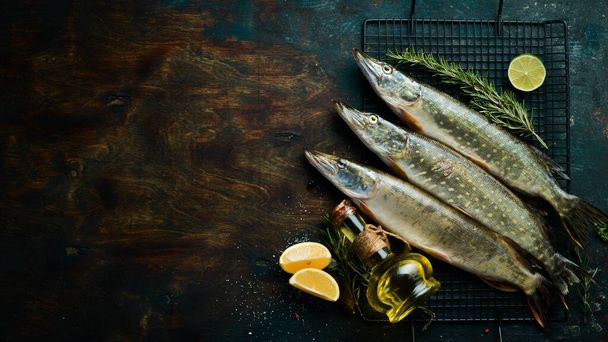 Pike fish with spices and herbs. Preparation. On a dark kitchen background. Top view. - Foto, afbeelding