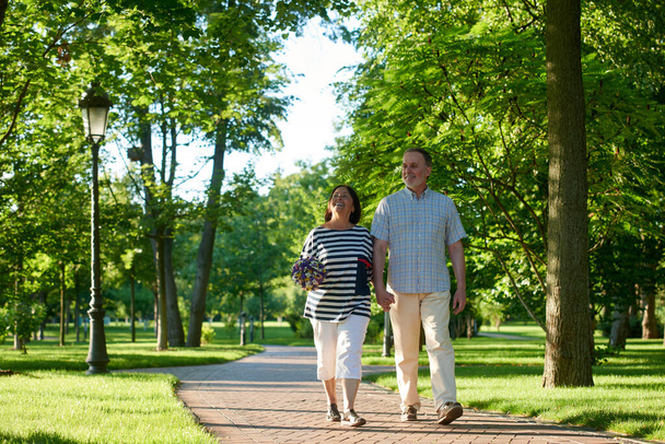 Happy smiling mature couple walks in the park. - Foto, imagen